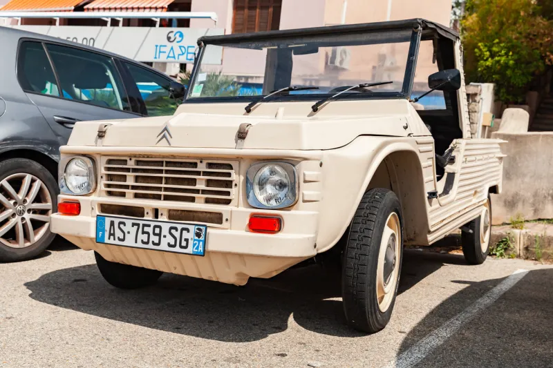 ajaccio, france - august 25, 2018  beige citroen mehari car stands parked on a street in france, close-up photo