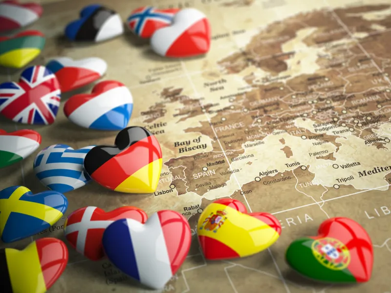 map of europe and hearts with flags of european countries travel eu concept 3d