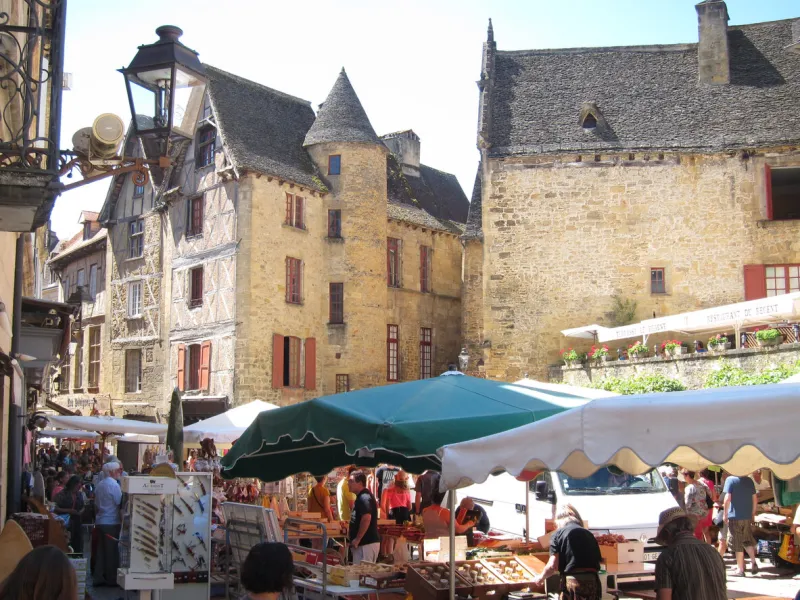 sarlat-la-caneda, france, 03 august, 2016  sarlat-la-caneda market in dordogne at summer