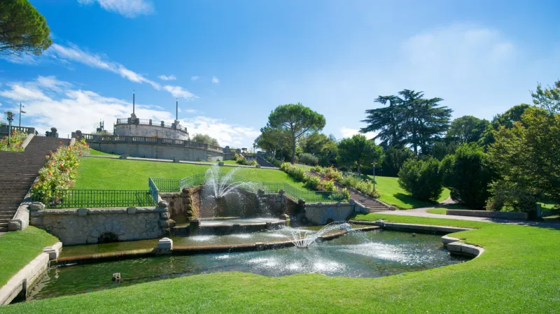 remarkable fountains and staircase in jouvet park in valence, drôme, france on a sunny day