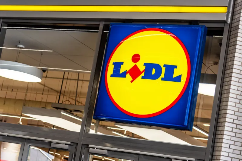 barcelona, spain - june 2022  lidl logo on the supermarket located in the mercat de sant antoni in barcelona lidl stiftung co kg is a supermarket chain of german origin