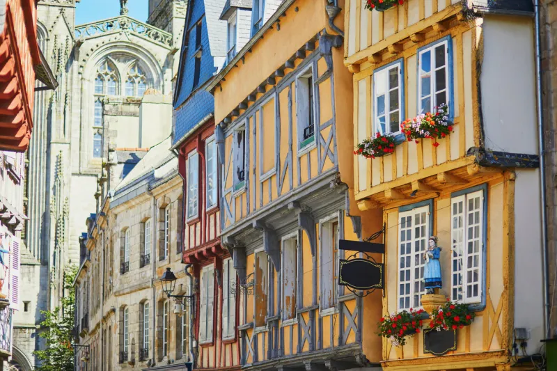 beautiful half-timbered buildings in medieval town of quimper, one of the most popular tourist attractions in brittany, france