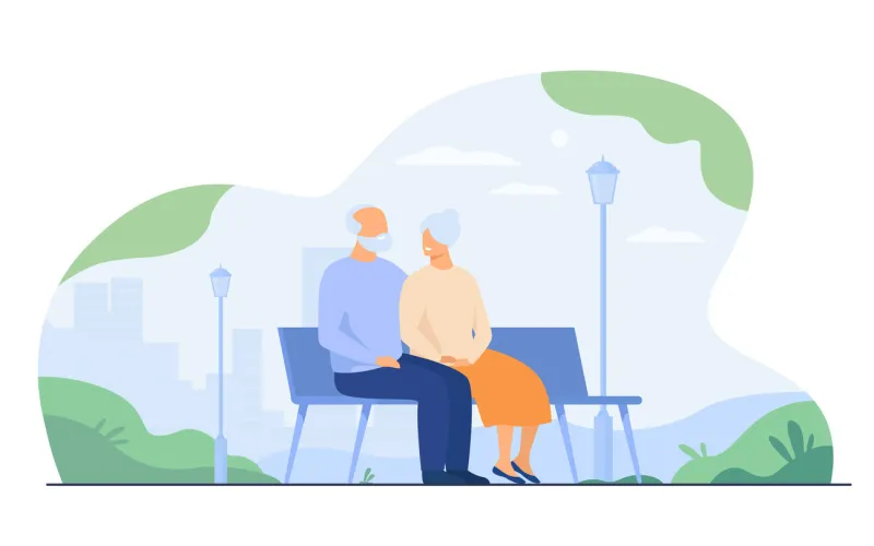 happy senior couple sitting on bench in park isolated flat vector illustration cartoon old characters relaxing together on nature family and retirement concept