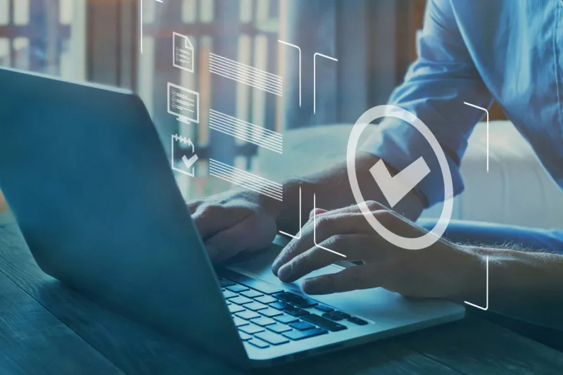 quality control certification, checked guarantee of standard of company product concept on virtual screen