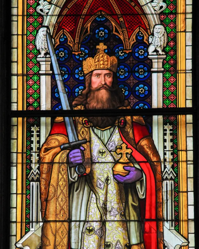 cologne, germany - april 21, 2010  stained glass (1865) in the dom of cologne, germany, depicting charlemagne, holy roman emperor