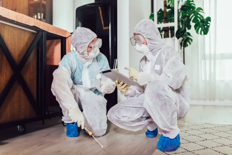 specialists in protective suits do disinfection or pest control in the apartment