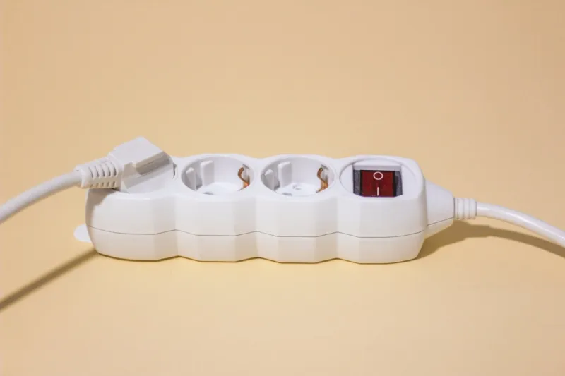 electric cable plugged in extension cord socket isolated on yellow background illustrating energy consumption or making alternative renewable and greener energy sources