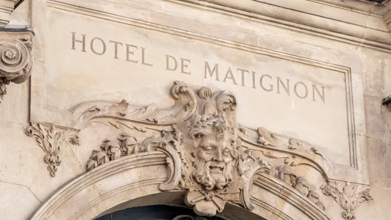 paris, france - october 9, 2022  detail of the carved entrance to the hotel de matignon, also known as 'matignon', the official residence and workplace of the head of the french government