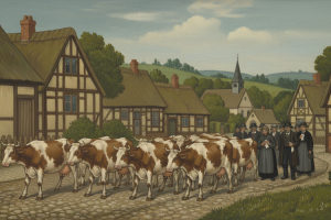 illustration représenant un enterrement de village avec un corbillard suivi par un troupeau de vache