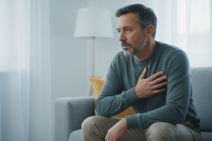 Photo réaliste, style éditorial presse santé. Un homme de 50 ans environ, habillée en tenue de ville