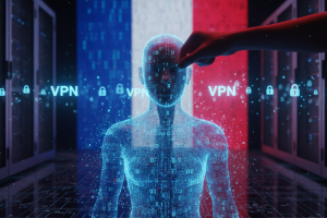 A high-quality cinematic visual representing digital privacy and government surveillance. In the for