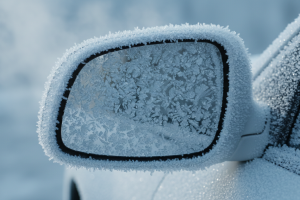 Gros plan (macro) sur un rétroviseur de voiture intégralement recouvert d'une épaisse couche de givr