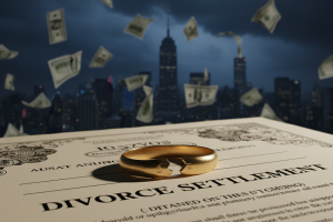 Une image conceptuelle haut de gamme montrant une alliance en or brisée en deux, posée sur un docume