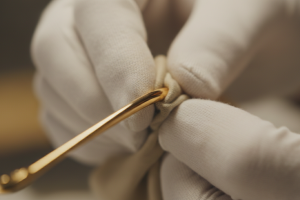 Gros plan (macro) sur les mains d'un artisan lunetier effectuant la délicate étape finale de polissa