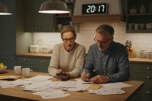 un couple de 50 ans dans leur cuisine en train de regarder des factures et d'utiliser une calculette