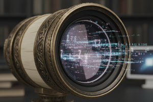 Un gros plan (macro) sur une lentille d'Intelligence Artificielle de surveillance fiscale, très déta