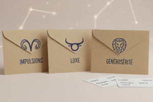 Prompt 3: Un plan moyen rapproché présente trois enveloppes en papier kraft texturé, légèrement froi