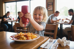 plan moyen d'un enfant heureux dans un restaurant en train de mettre du ketchup dans son assiette de