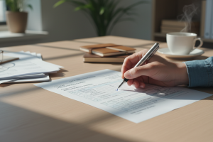 Scène de vérification financière, capturée en plan moyen avec une perspective en légère plongée. Une