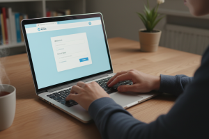 Prompt 2: Plan moyen en légère plongée sur les mains d'un jeune adulte, qui utilise un ordinateur po