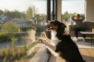 Photographie réaliste de haute qualité d'un chien de taille moyenne (type Border Collie ou croisé) a