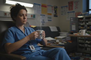 une infirmière en salle de repos. Elle tient un café et elle a l'air épuisée

Modifications: en arri