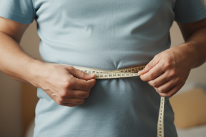plan moyen sur un homme de 50 ans en train de mesurer la circonférence de son abdomen
 avec un mètre