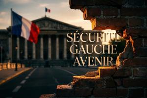 arrière-plan flou représentant le Palais Bourbon ou un drapeau français. À côté, un mur de briques q