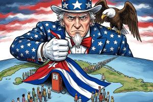 Illustration symbolique satirique style cartoon politique moderne : Oncle Sam géant (Uncle Sam) en c