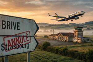 A high-quality cinematic shot of a Boeing 737 with a yellow and blue livery (inspired by Ryanair) ta
