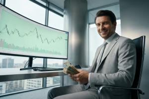 Un trader souriant, vêtu d'un costume gris perle, est assis devant un écran de contrôle minimaliste 