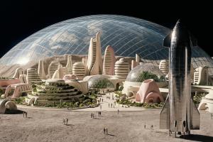 Un plan large cinématographique d'une ville lunaire durable sous un vaste dôme de verre trempé et de