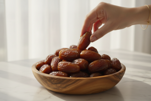 Gros plan macro d'un bol en bois d'olivier rempli de dattes Medjool charnues et luisantes,