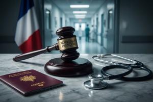 A professional cinematic shot of a modern French judge's gavel resting on a marble desk, next to a E