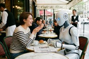 dans un café parisien, une jeune femme est en train de prendre un café. En face d'elle un robot avec