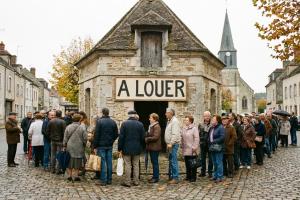 une file d'attente dans une petite ville française. De nombreux français font la queue pour visiter 