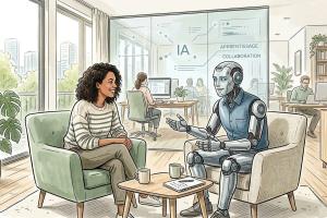 Dans le style d'un dessin de presse Une scène de bureau contemporaine et lumineuse, inondée de lumiè