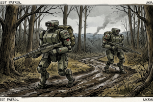 dans un style illustration de presse, en plan large, deux robots militaires marchent dans une forêt 