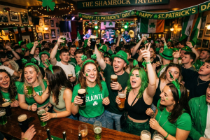 une foule de jeunes un soir au pub en train de fêter la Saint Patrick
