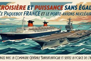 Image dans le style des publicités des années 50 pour le transport maritime représentant un porte-av