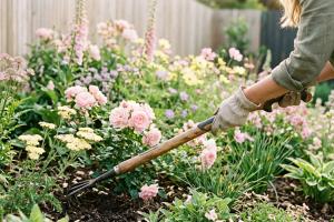 Prompt 2: Gros plan sur des mains utilisant un outil de jardinage ergonomique à long manche dans un 