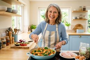 Portrait d'une femme d'une soixantaine d'années rayonnante, l'esprit vif, dans une cuisine moderne e