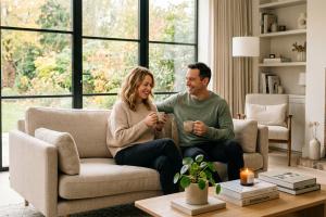 Prompt 1: Une scène d'intérieur chaleureuse et lumineuse montrant un couple de quadragenaires souria