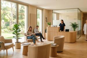 Prompt 3: Un cabinet médical moderne et apaisant, grandes baies vitrées laissant entrer une lumière 