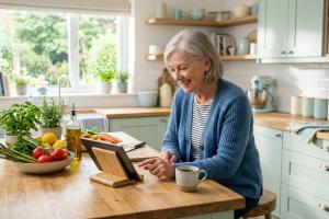 Prompt 1: Une cuisine contemporaine et lumineuse aux tons pastel doux. Une femme senior sourit en co