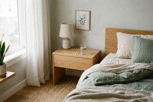 Prompt 1: Une chambre à coucher contemporaine et lumineuse, baignée d'une lumière naturelle douce. S