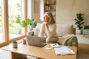 Une personne d'une cinquantaine d'années réfléchissant sereinement dans un salon contemporain et bai
