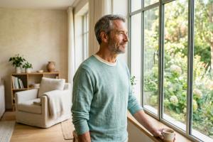 Portrait d'un homme d'âge mûr dans un salon contemporain baigné de lumière matinale, regar