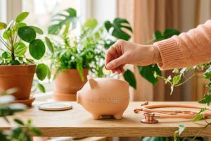 Une main déposant délicatement une pièce dans une tirelire minimaliste en céramique à côté d'un stét