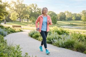 A dynamic senior woman walking briskly on a sun-drenched minimalist park path, soft pastel morning l